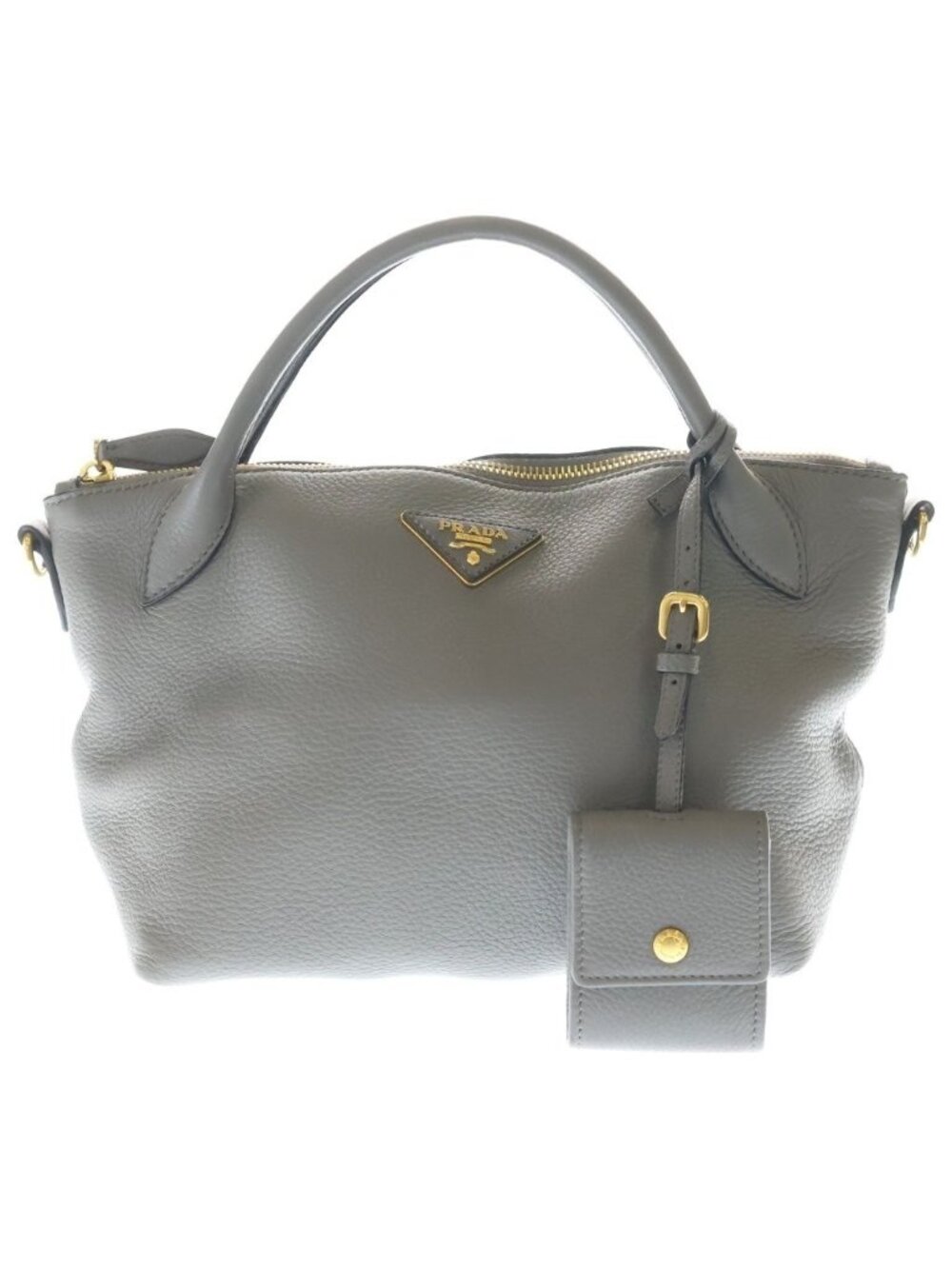 Prada Vitello Daino 2-Way Shoulder Bag Gray Leather Gold
